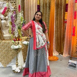 Chic Gray and Red Women's Lehenga